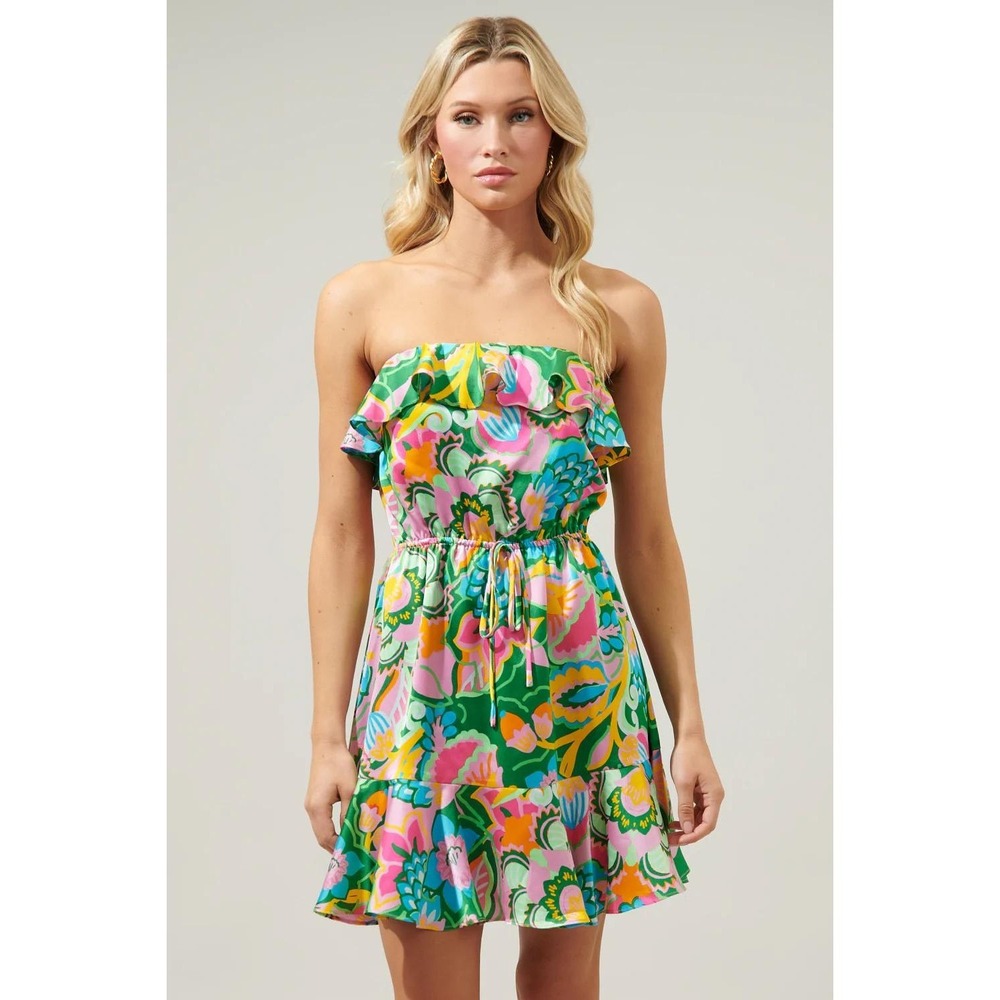 NWT Sugarlips Strapless Ruffle Mini Dress in Green Pink Yellow Floral